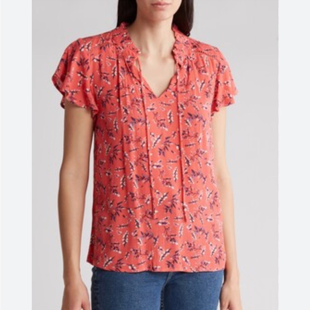 New Nordstrom Bobeau Print Ruffle Blouse Coral Pink Blue Floral Size Medium NWT